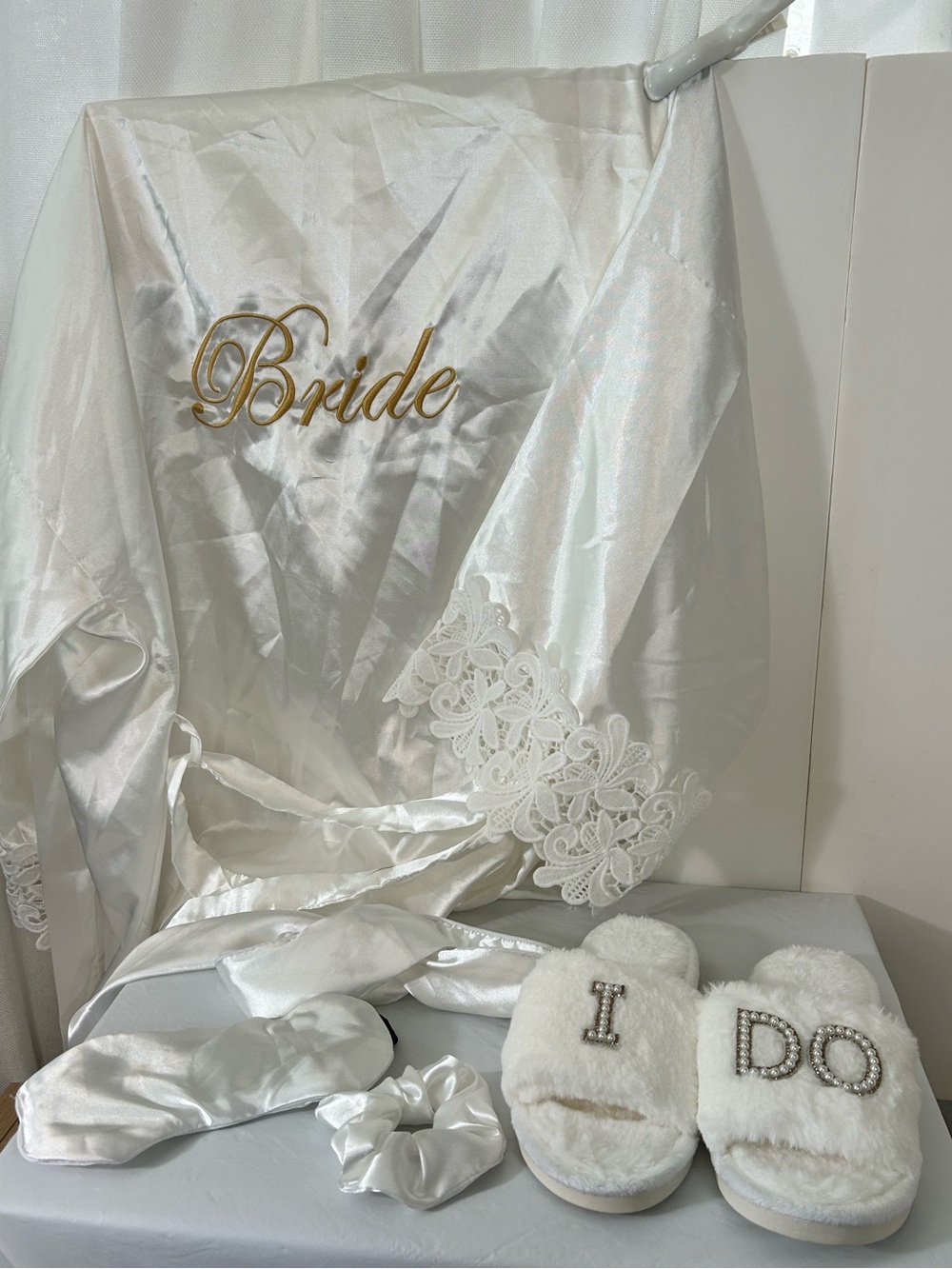 Bride Satin Robe with 'I DO' Fuzzy Slippers - White